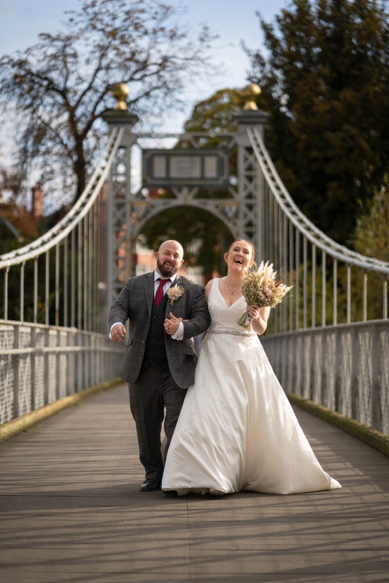 Bride and Groom Wedding, Chester Suspension Bridge, River Dee